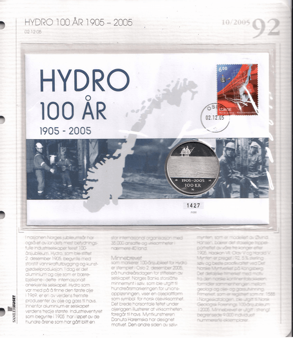 Hovedbilde Myntbrev nr 92. Hydro 100 år 1905 - 2005